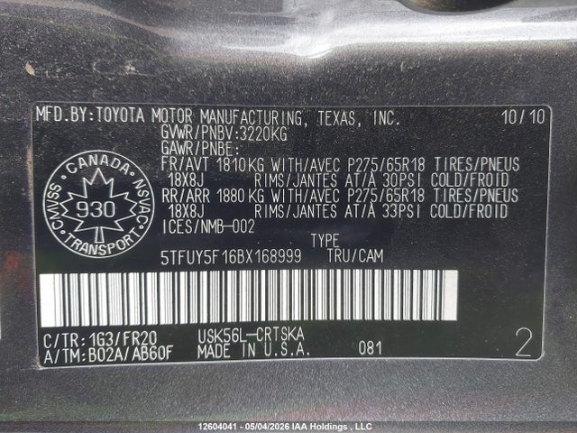 12604041 :رقم المزاد ، 5TFUY5F16BX168999 vin ، 2011 Toyota Tundra Double Cab Sr5 مزاد بيع