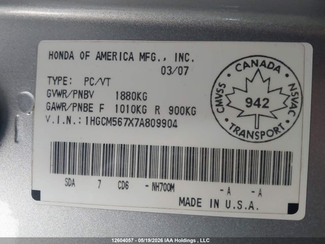 Aukcja sprzedaży 2007 Honda Accord, vin: 1HGCM567X7A809904, numer aukcji: 12604057