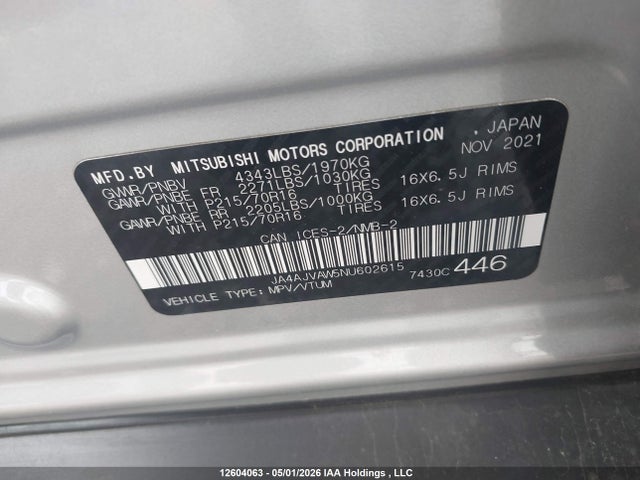 Aukcja sprzedaży 2022 Mitsubishi Rvr Se/sel/le/gt, vin: JA4AJVAW5NU602615, numer aukcji: 12604063