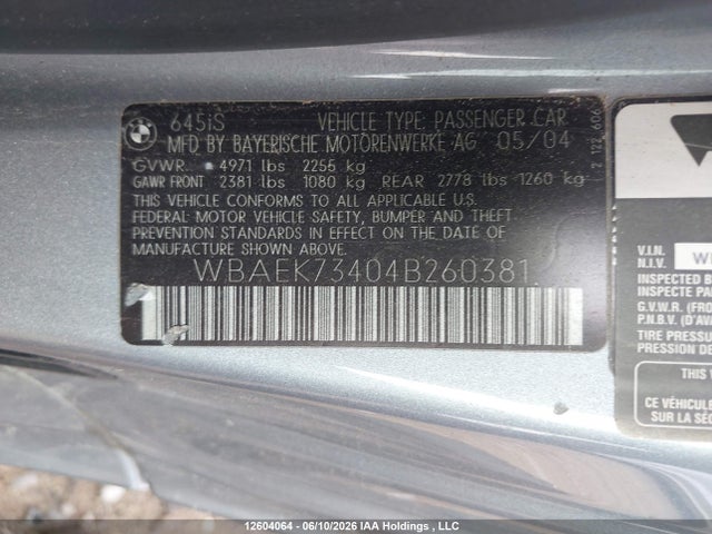 2004 Bmw 645ci მანქანა იყიდება აუქციონზე, vin: WBAEK73404B260381, აუქციონის ნომერი: 12604064