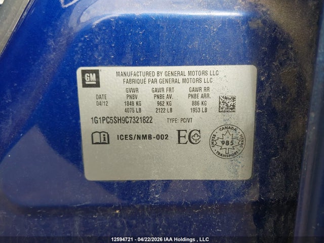 2012 Chevrolet Cruze Ls მანქანა იყიდება აუქციონზე, vin: 1G1PC5SH9C7321822, აუქციონის ნომერი: 12594721
