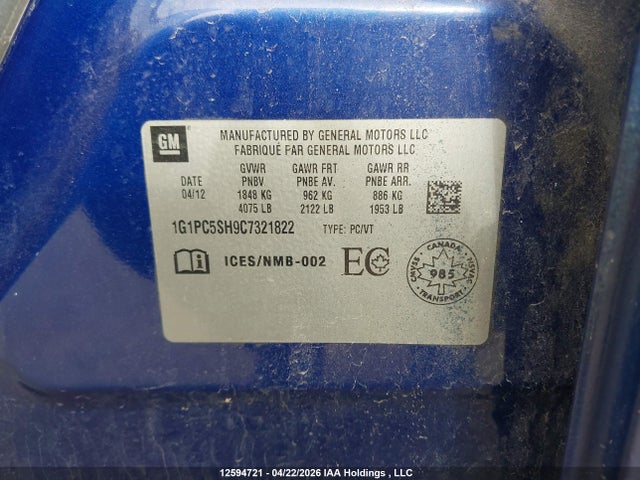 2012 Chevrolet Cruze Ls მანქანა იყიდება აუქციონზე, vin: 1G1PC5SH9C7321822, აუქციონის ნომერი: 12594721