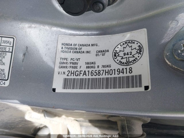 Aukcja sprzedaży 2007 Honda Civic Lx, vin: 2HGFA16587H019418, numer aukcji: 12585226