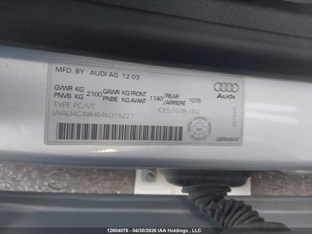 Продажа на аукционе авто 2004 Audi A4 1.8 Cabriolet, vin: WAUAC48H64K015221, номер лота: 12604076
