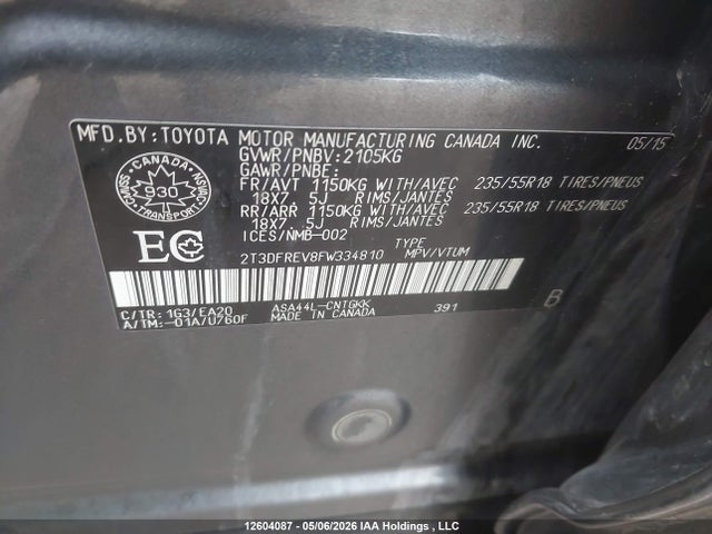 2015 Toyota Rav4 Limited მანქანა იყიდება აუქციონზე, vin: 2T3DFREV8FW334810, აუქციონის ნომერი: 12604087