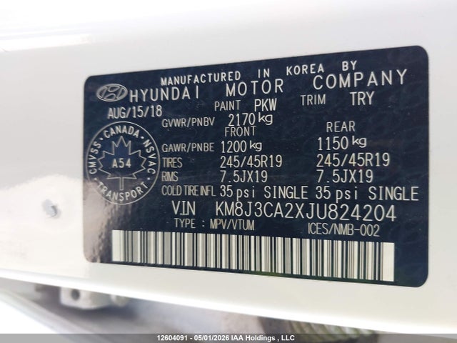 12604091 :رقم المزاد ، KM8J3CA2XJU824204 vin ، 2018 Hyundai Tucson Se 1.6t مزاد بيع