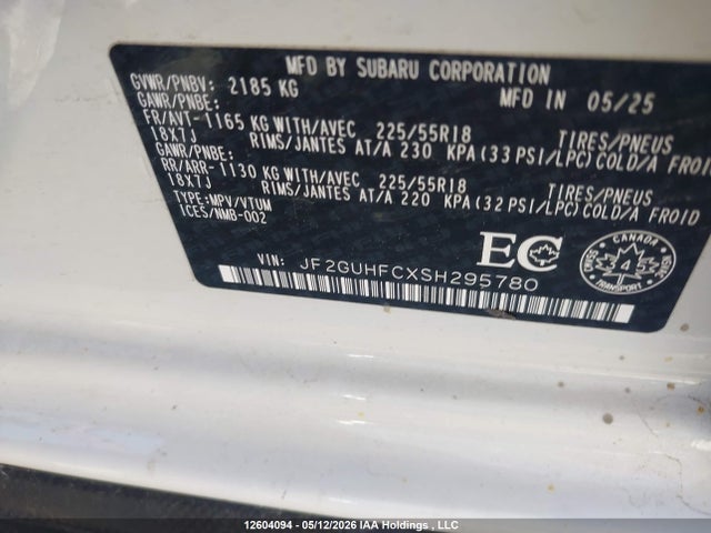 Продаж на аукціоні авто 2025 Subaru Crosstrek Onyx, vin: JF2GUHFCXSH295780, номер лоту: 12604094