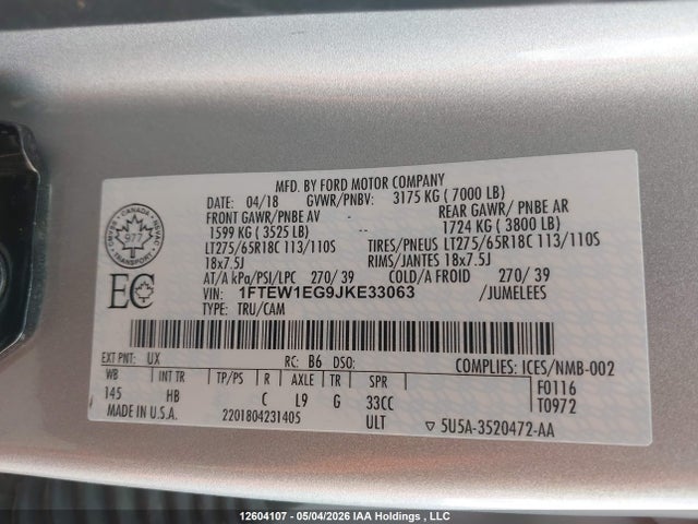Продаж на аукціоні авто 2018 Ford F150 Supercrew, vin: 1FTEW1EG9JKE33063, номер лоту: 12604107