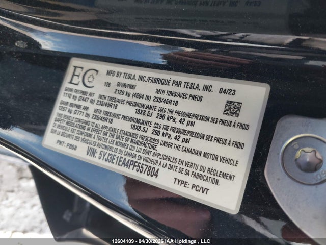 2023 Tesla Model 3 მანქანა იყიდება აუქციონზე, vin: 5YJ3E1EA4PF557804, აუქციონის ნომერი: 12604109