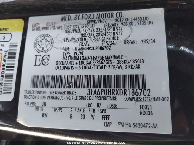 12604112 :رقم المزاد ، 3FA6P0HRXDR186702 vin ، 2013 Ford Fusion Se مزاد بيع