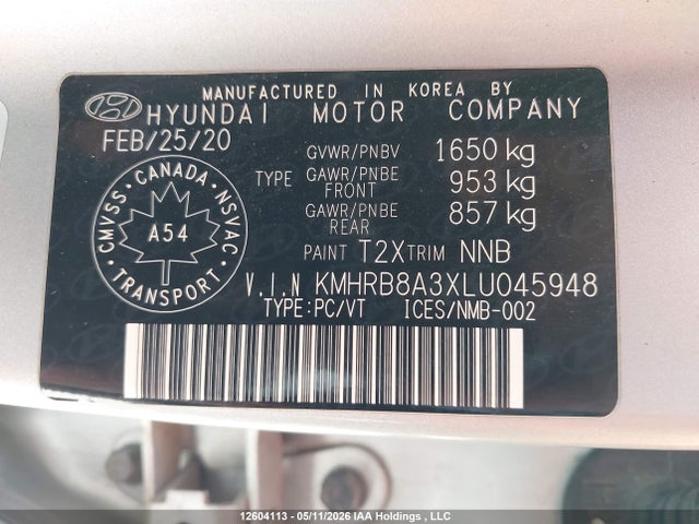 12604113 :رقم المزاد ، KMHRB8A3XLU045948 vin ، 2020 Hyundai Venue مزاد بيع