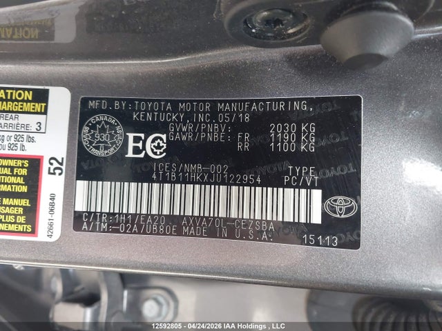 4T1B11HKXJU122954 Toyota CAMRY SE