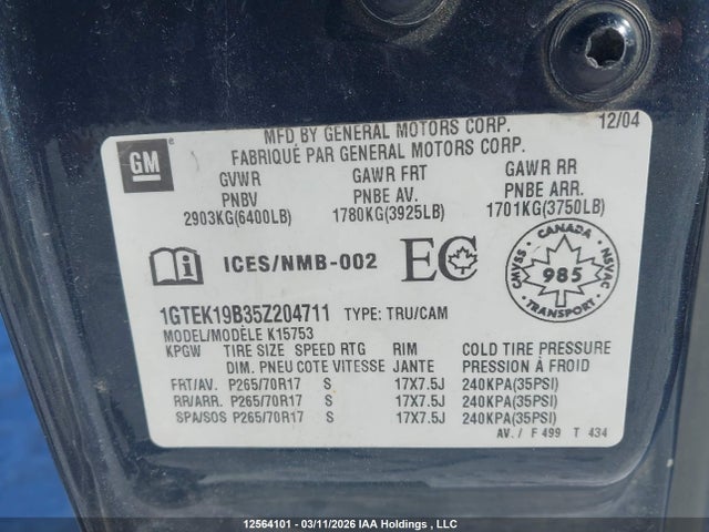 Aukcja sprzedaży 2005 Gmc Sierra 1500 Sl/sle/slt, vin: 1GTEK19B35Z204711, numer aukcji: 12564101