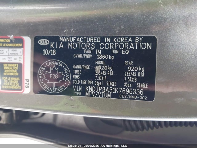 12604121 :رقم المزاد ، KNDJP3A51K7696356 vin ، 2019 Kia Soul + مزاد بيع