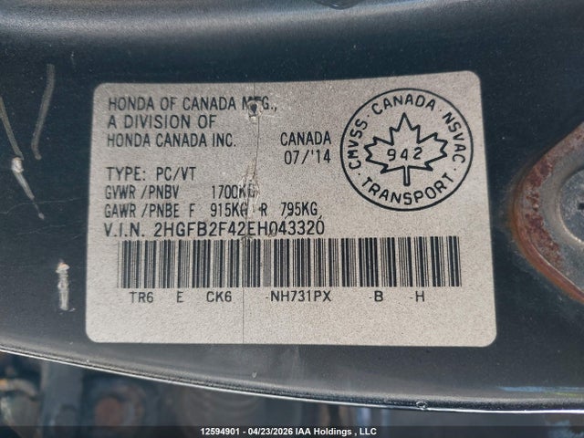 Продаж на аукціоні авто 2014 Honda Civic Lx, vin: 2HGFB2F42EH043320, номер лоту: 12594901
