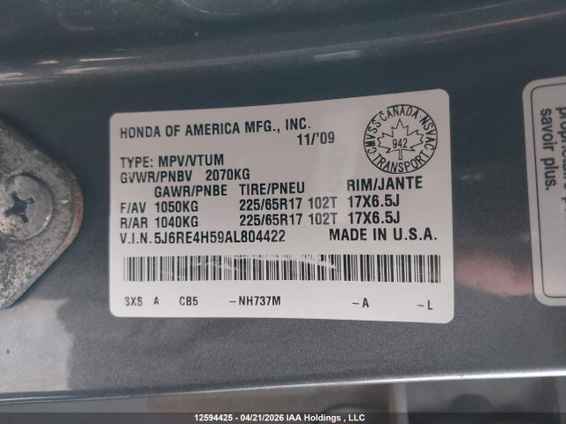 Продаж на аукціоні авто 2010 Honda Cr-v Ex, vin: 5J6RE4H59AL804422, номер лоту: 12594425