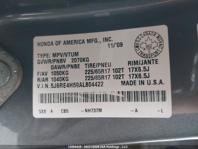 Продаж на аукціоні авто 2010 Honda Cr-v Ex, vin: 5J6RE4H59AL804422, номер лоту: 12594425