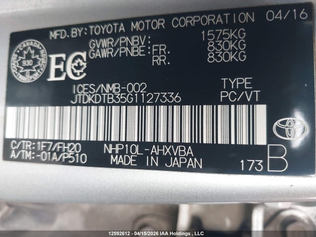 JTDKDTB35G1127336 Toyota Prius C Technology