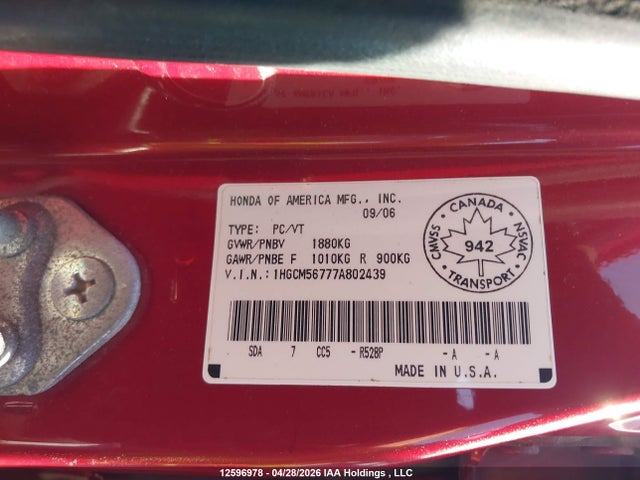 Aukcja sprzedaży 2007 Honda Accord Ex-l/se, vin: 1HGCM56777A802439, numer aukcji: 12596978
