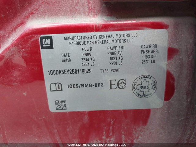 12604132 :رقم المزاد ، 1G6DA5EY2B0119829 vin ، 2011 Cadillac Cts مزاد بيع