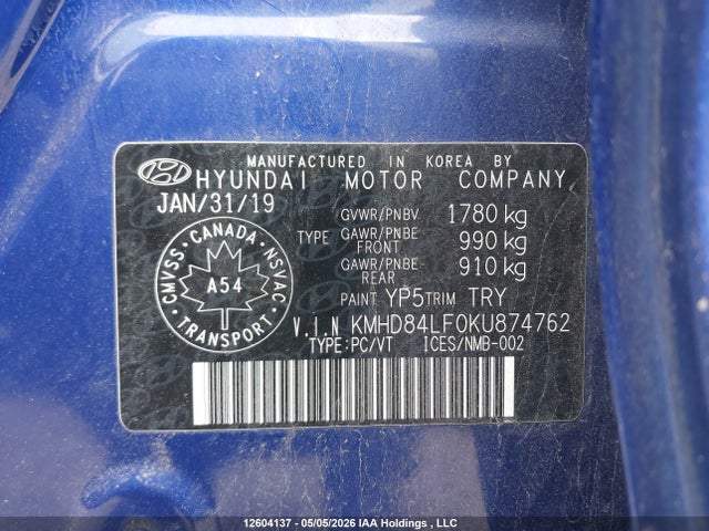 Aukcja sprzedaży 2019 Hyundai Elantra Sel/value/limited, vin: KMHD84LF0KU874762, numer aukcji: 12604137