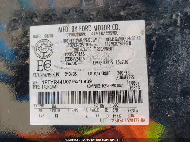 Продаж на аукціоні авто 2007 Ford Ranger Super Cab, vin: 1FTYR44U07PA16939, номер лоту: 12604143