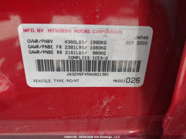 2010 Mitsubishi Lancer Ralliart მანქანა იყიდება აუქციონზე, vin: JA32V6FV5AU601381, აუქციონის ნომერი: 12604145