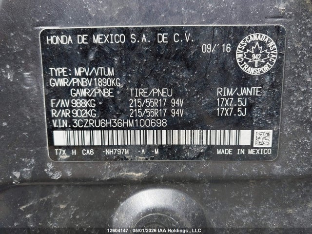 3CZRU6H36HM100698 Honda HR-V LX