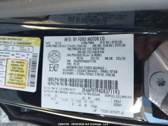 Продажа на аукционе авто 2016 Ford Fusion Se, vin: 3FA6P0T94GR371193, номер лота: 12604150