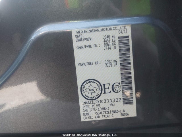2018 Nissan Leaf S/sv/sl მანქანა იყიდება აუქციონზე, vin: 1N4AZ1CPXJC311322, აუქციონის ნომერი: 12604153