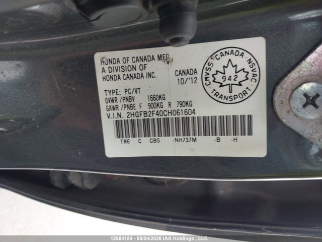 2012 Honda Civic Sdn მანქანა იყიდება აუქციონზე, vin: 2HGFB2F40CH061604, აუქციონის ნომერი: 12604154