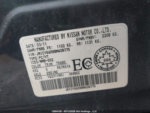 12604158 :رقم المزاد ، JN1CV6AR8BM408775 vin ، 2011 Infiniti G37x مزاد بيع