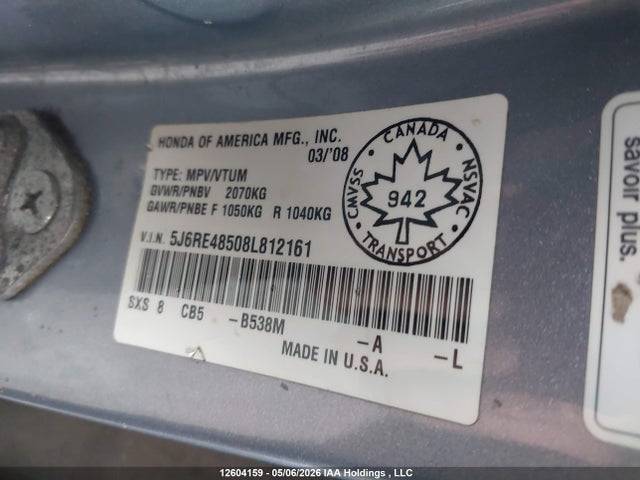 Продаж на аукціоні авто 2008 Honda Cr-v Ex, vin: 5J6RE48508L812161, номер лоту: 12604159