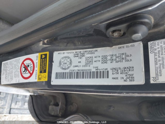 Продажа на аукционе авто 2003 Toyota 4runner Limited V8, vin: JTEBT17R838002333, номер лота: 12604161