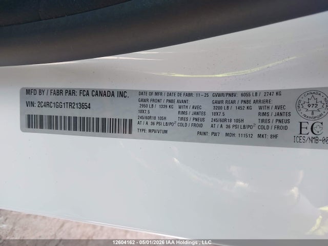 12604162 :رقم المزاد ، 2C4RC1GG1TR213654 vin ، 2026 Chrysler Pacifica Limited مزاد بيع