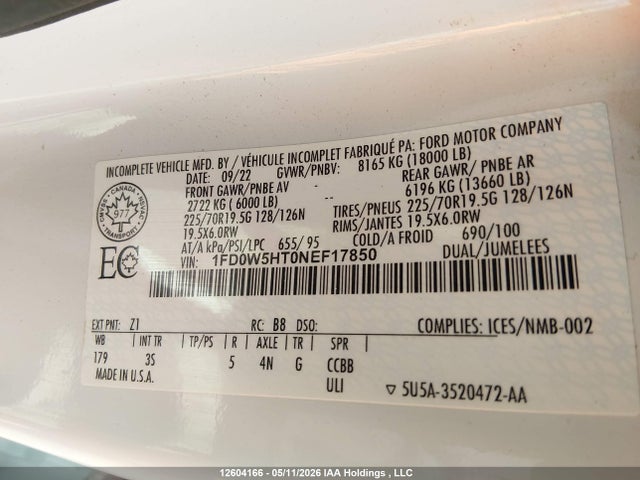 12604166 :رقم المزاد ، 1FD0W5HT0NEF17850 vin ، 2022 Ford F550 Super Duty مزاد بيع