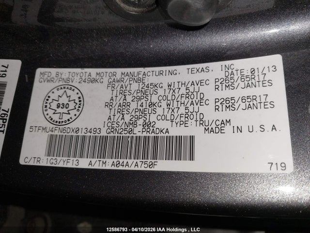 12586793 :رقم المزاد ، 5TFMU4FN6DX013493 vin ، 2013 Toyota Tacoma V6 مزاد بيع