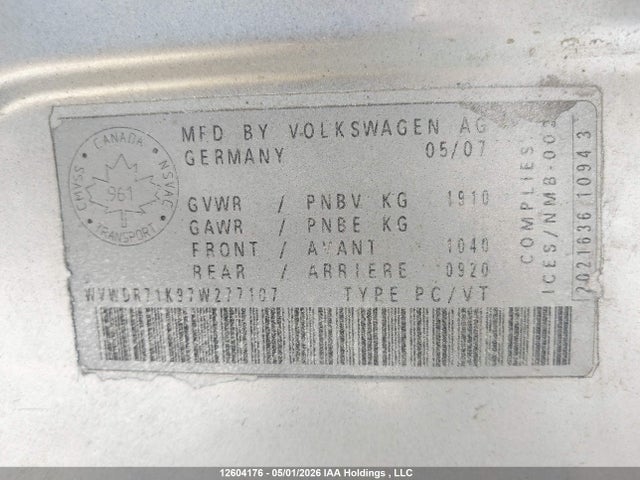 2007 Volkswagen Rabbit მანქანა იყიდება აუქციონზე, vin: WVWDR71K97W277107, აუქციონის ნომერი: 12604176