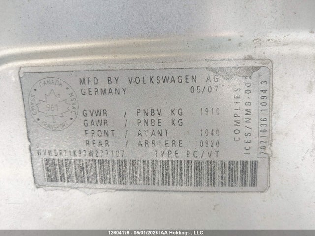 2007 Volkswagen Rabbit მანქანა იყიდება აუქციონზე, vin: WVWDR71K97W277107, აუქციონის ნომერი: 12604176