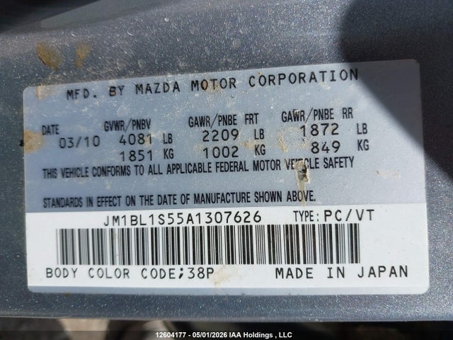 Aukcja sprzedaży 2010 Mazda 3 S, vin: JM1BL1S55A1307626, numer aukcji: 12604177