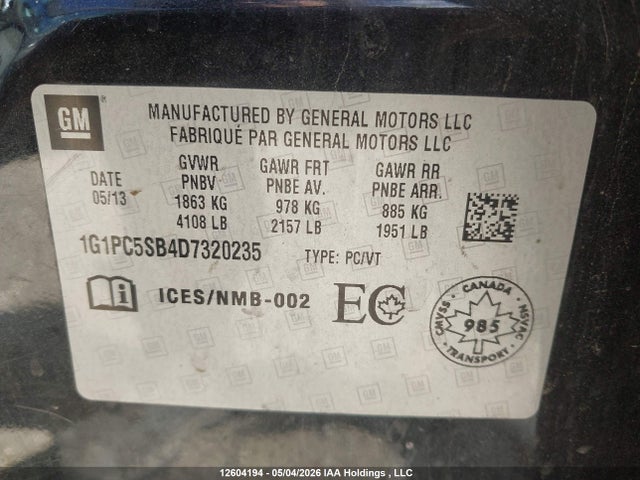2013 Chevrolet Cruze Lt მანქანა იყიდება აუქციონზე, vin: 1G1PC5SB4D7320235, აუქციონის ნომერი: 12604194