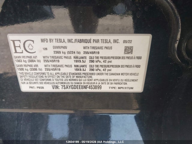 7SAYGDEE8NF453899 Tesla Model Y