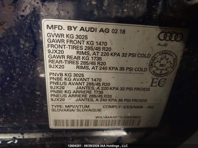 12604201 :رقم المزاد ، WA1MAAF73JD033653 vin ، 2018 Audi Q7 Progressiv S-line مزاد بيع