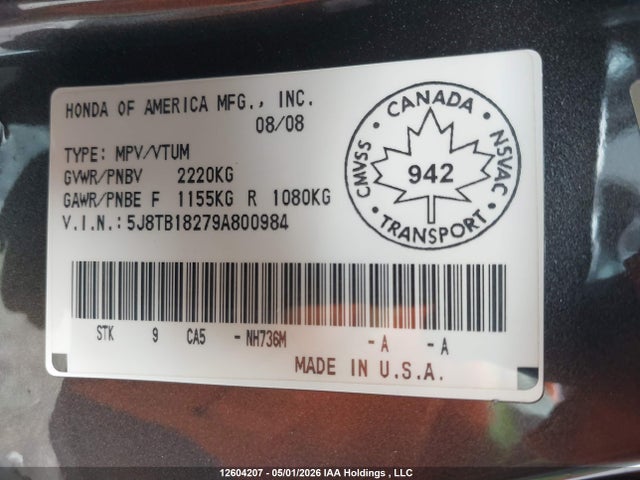 Продажа на аукционе авто 2009 Acura Rdx, vin: 5J8TB18279A800984, номер лота: 12604207