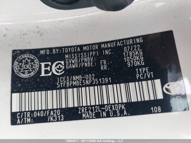 12604211 :رقم المزاد ، 5YFBPMBE5NP351391 vin ، 2022 Toyota Corolla Le/xle مزاد بيع