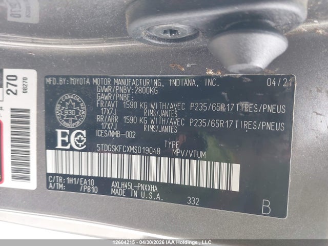5TDGSKFCXMS019048 Toyota Sienna Le/xle/xse/limited/platinum