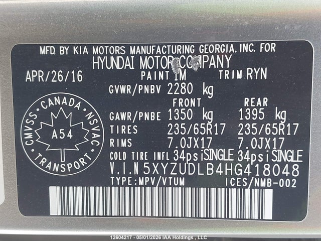 5XYZUDLB4HG418048 Hyundai SANTA FE SPORT