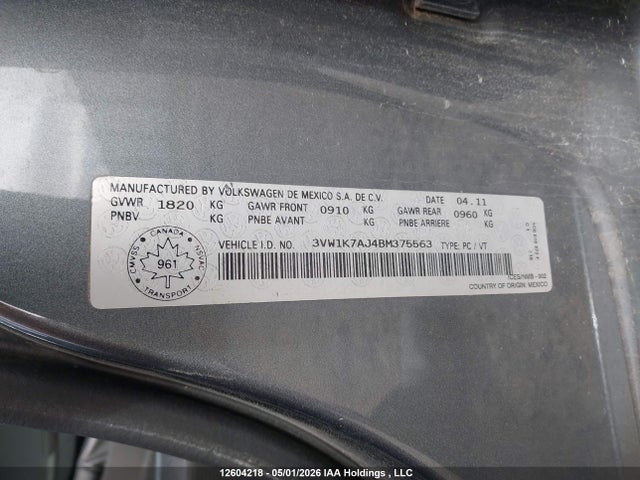 12604218 :رقم المزاد ، 3VW1K7AJ4BM375563 vin ، 2011 Volkswagen Jetta S مزاد بيع