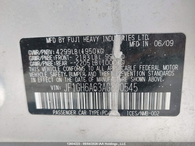 2010 Subaru Impreza 2.5i მანქანა იყიდება აუქციონზე, vin: JF1GH6A63AG800545, აუქციონის ნომერი: 12604223