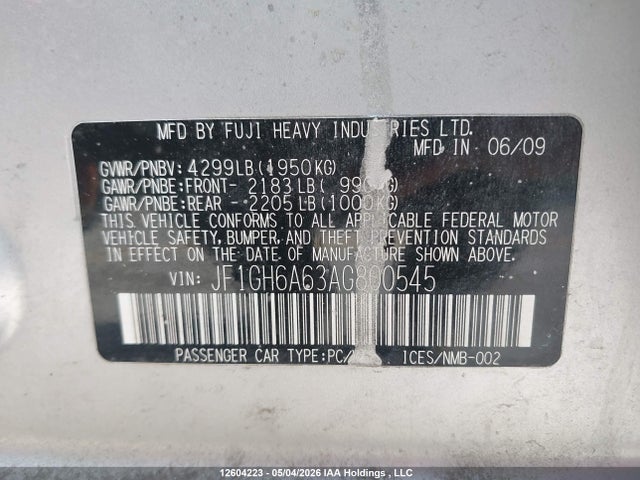 2010 Subaru Impreza 2.5i მანქანა იყიდება აუქციონზე, vin: JF1GH6A63AG800545, აუქციონის ნომერი: 12604223